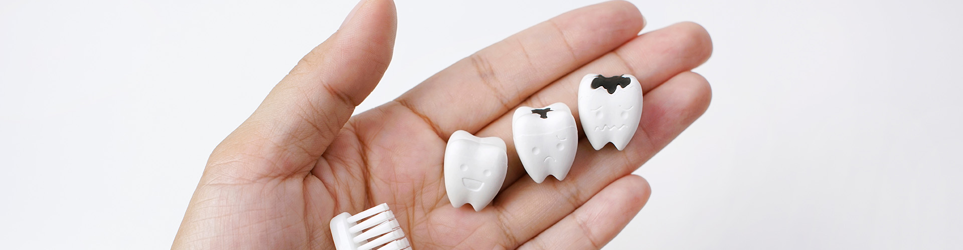 hand holding toothbrush and 3 model teeth showing stages of decay.